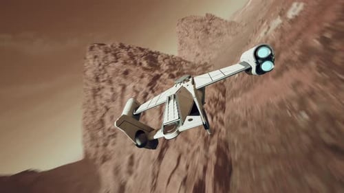 Futuristic Spaceship Flying Over Alien Planet Landscape