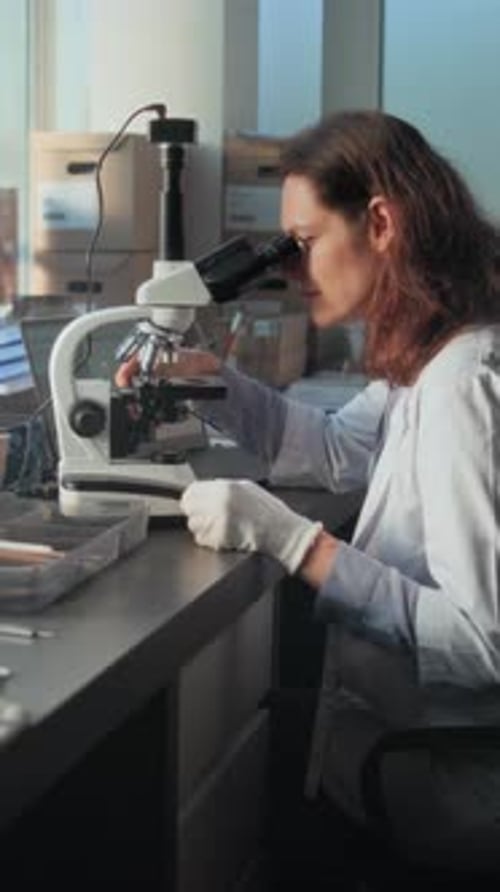 Microbiologista feminina conduz análise de fósseis sob microscópio