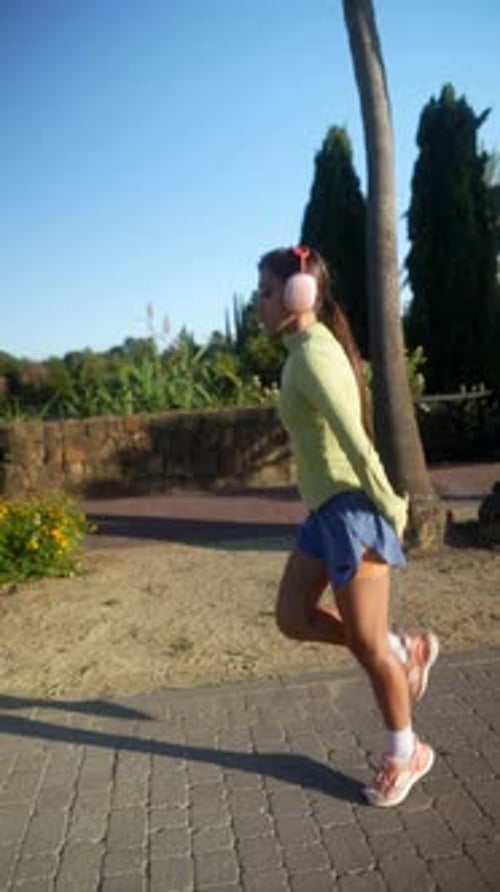 A Woman in Sportswear and Headphones Jogs Outdoors on a Sunny Day in a Park with Greenery and Trees