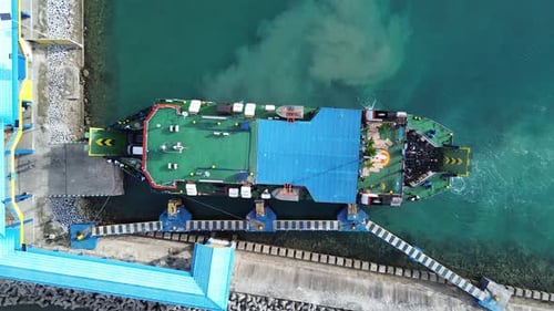 Aerial View of a Ferry Boat Anchored at Gorontalo Harbor in the Morning