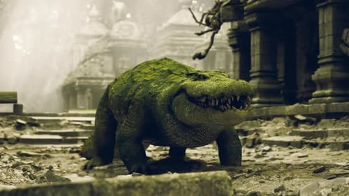 Un crocodile explore d'anciennes ruines envahies par une végétation luxuriante