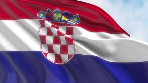 Waving Croatian Flag Realistic Animation Loop Against Blue Sky