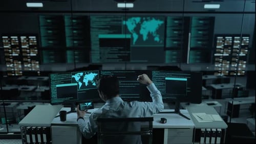 Happy Asian Man Looking At Code On Mobile Phone While Write Code With Multiple Screens In office