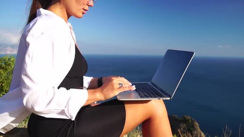 Woman Sea Laptop Business Woman Freelancer with Laptop Working Over Blue Sea Beach Happy Smiling