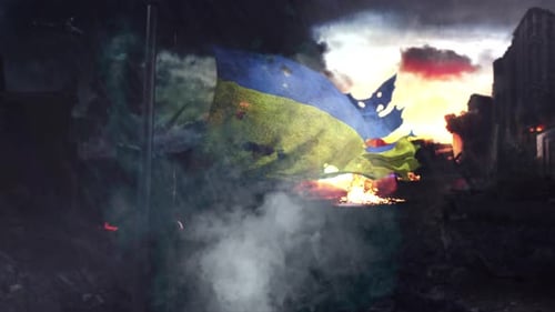 Battlefield Tattered Flag Waving With Explosions And Smoke