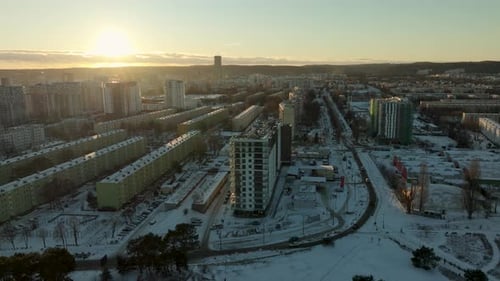 Cityscape Aerial View in Winter Sunrise