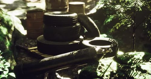 Abandoned Tires and Barrels in a Lush Forest Setting During Daylight