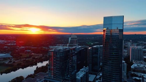 Footage over the waterfront of the Colorado River among the glass hihg-rises.