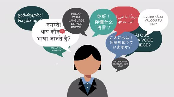 Animated Flat Design Person with Multilingual Speech Bubbles ...