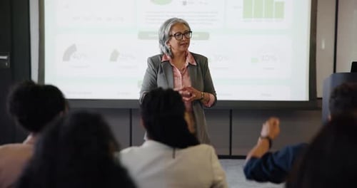 Question, mature and presentation with business woman at event for broker workshop