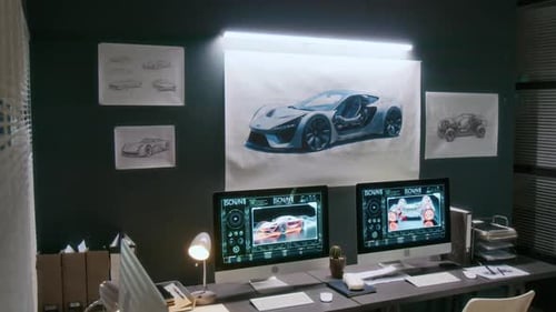 Computers with 3D Car Designs on Engineers Desks in Studio