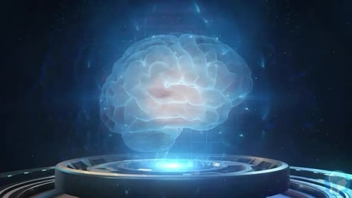 Digital Brain Hologram Animation on Futuristic Tech Platform