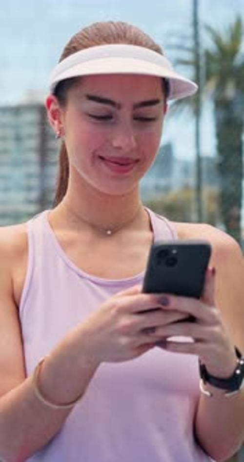 Fitness, typing and woman on tennis court with phone, funny message or exercise meme on social