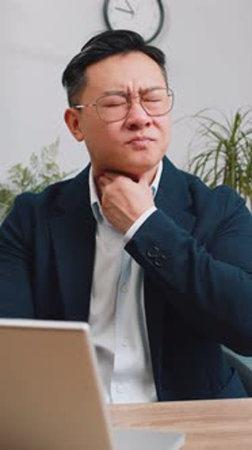 Asian Office Business Man Feeling Unwell Sick Ill Suffering From Sore Throat Hurt Swallowing Pain