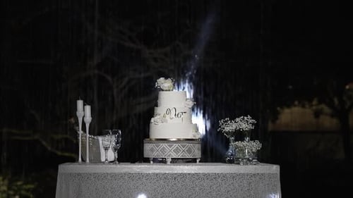 Wedding Cake Display at Outdoor Night Reception