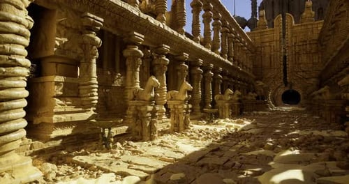 Exploring an Ancient Temple Corridor with Intricate Carvings and Sculptures
