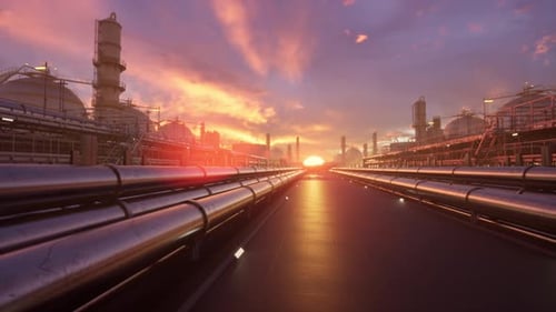 Oil Pipeline Road Leading into Refinery Sunset