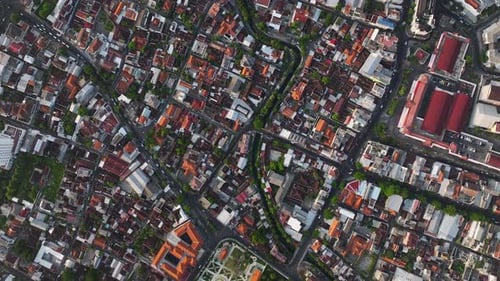Amazing drone perspective of urban populated area Surakarta, Java, Indonesia.