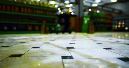 Store Interior with Shiny Tiled Floor and Colorful Shelving Units in View