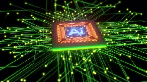 AI Acceleration Dark Digital background. Futuristic Microchip Connected with Energy Lines.