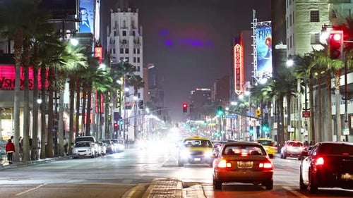Los Angeles - May 25, 2012: Time Lapse Of Hollywood Boulevard Traffic At Night 4k, On May 25, 201...
