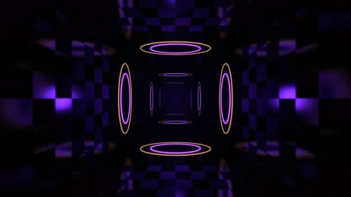 Violette und hellgelbe Neonringe auf digitalem Void-Hintergrund VJ Loop In 4K