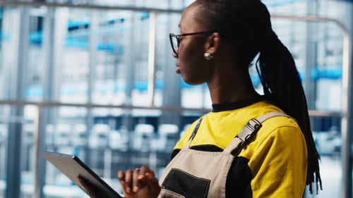 Un experto en plantas industriales de la Industria 4.0 controla la maquinaria automatizada mediante una tableta