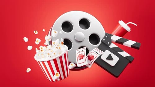 3D Movie Night Popcorn and Clapperboard Animation