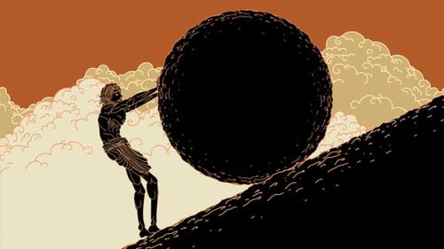 Sisyphus Mythological Animation of Man Pushing Boulder