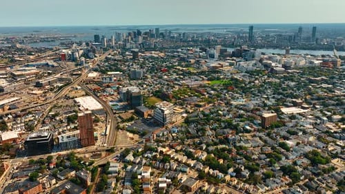 Mainly low-rise architecture in the scenery of Cambridge, Massachusetts, USA. Sunny view of the city