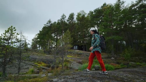 Backpacking In Norwegian Young Female Traveller Walking On Big Stones Near Beautiful Pine Forest