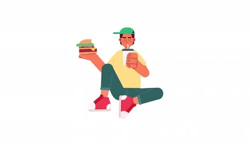 Animated Person Eating a Hamburger and Drinking Soda