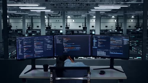Back View Of Tired Asian Woman Developer Sleeping While Write Code In Data Center