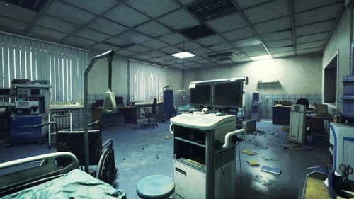 Vacant Clinical Space Filled with Scattered Machinery and Shadows