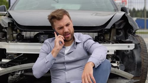 A Man Calling Help After a Car Crash Accident on the Road