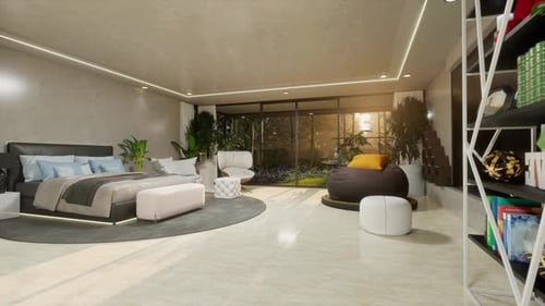 Modern Minimalist Bedroom with Garden View at Sunset