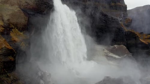 Aerial of Majestic Haifoss Waterfall. Spectacular Scenery of Iceland