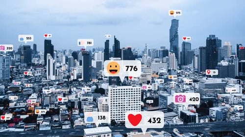 Social Media Icons Fly Over City Downtown Showing People Reciprocity Connection