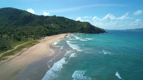 Aerial View of Tropical Sandy Beach in Bay with Blue Water Seascape with Sea Sand Palm Trees Top