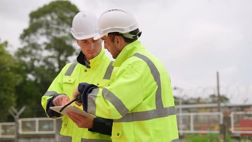 Ingenieur beobachtet den Arbeitsmonitor auf einem digitalen Tablet und spricht mit einem Kollegen