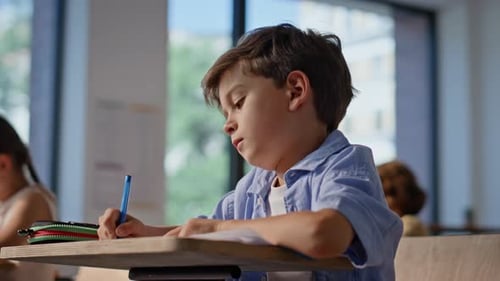 Group Classmates Studying Class Room Closeup Elementary School Children Writing