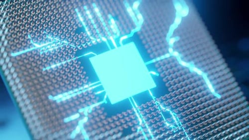 Digital Microprocessor Animation with Glowing Blue Circuit Lines