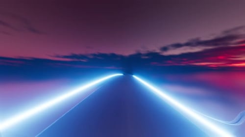 Neon road leading into a colorful sunset sky