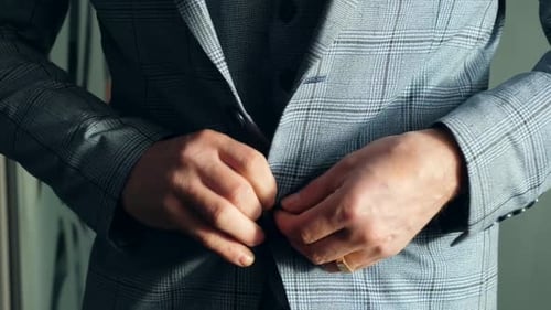 Man Buttons Grey Plaid Suit Jacket Close Up