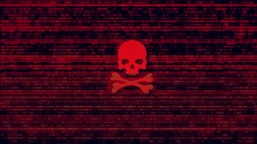 Code de programmation d'écran d'ordinateur 3D et concept de crâne d'avertissement de maliciel de sécurité ou d'attaque de pirates informatiques