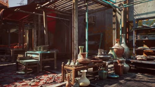 Animated Market Stall with Traditional Pottery and Goods