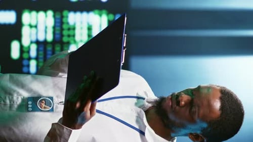 Man With Clipboard in Futuristic Workplace Setting