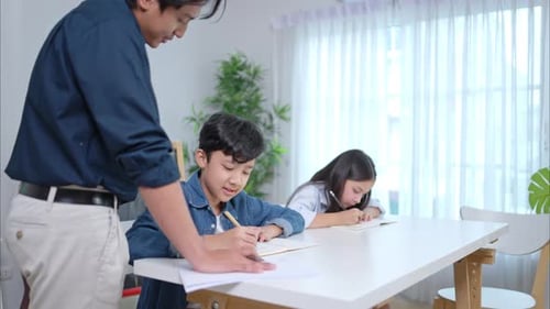 Small class, Teacher and pupils in the home classroom, reviewing lessons