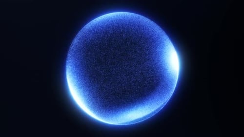 Blaue Partikelkugel in sanfter Flüssigkeitsbewegung, die glühende Wellen und eine helle Kontur bildet