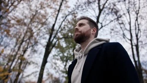Close-up - man walks through the park, view from below